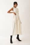 Son Of A Noble Snob_Off White Cotton Satin Print Elements Round Neck Nadia Belted Dress _Online_at_Aza_Fashions