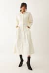Buy_Son Of A Noble Snob_Off White Cotton Satin Plain Collared Noah Pleated Bodice Midi Dress _at_Aza_Fashions