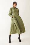Buy_Son Of A Noble Snob_Green Cotton Satin Collared Noah Plain Pleated Bodice Midi Dress _Online_at_Aza_Fashions
