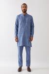 Son Of A Noble Snob_Blue Linen Embroidery, Applique Lebi Criss Cross Kurta With Trouser _Online_at_Aza_Fashions