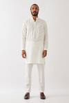 Son Of A Noble Snob_White Linen Applique Mason Broken Stripe Kurta With Trouser _Online_at_Aza_Fashions