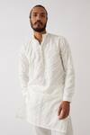 Shop_Son Of A Noble Snob_White Linen Applique Mason Broken Stripe Kurta With Trouser _Online_at_Aza_Fashions