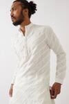 Son Of A Noble Snob_White Linen Applique Mason Broken Stripe Kurta With Trouser _at_Aza_Fashions