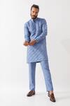 Buy_Son Of A Noble Snob_Blue Linen Embroidery Mason Broken Striped Applique Kurta With Trouser _at_Aza_Fashions