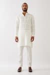 Son Of A Noble Snob White Linen Embroidery Luke Checkered Pintuck And Applique Kurta With Trouser Online at Aza Fashions Son Of A Noble Snob_White Linen Embroidery Luke Checkered Pintuck And Applique Kurta With Trouser _Online_at_Aza_Fashions