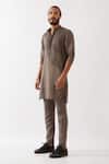 Son Of A Noble Snob_Grey Linen Cooper Pleated Panel Kurta With Trouser _Online_at_Aza_Fashions