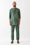 Shop_Son Of A Noble Snob_Green Linen Embroidery Jasper Network Printed Kurta With Pant _Online_at_Aza_Fashions