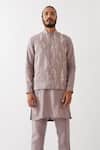 Shop_Son Of A Noble Snob_Purple 100% Linen Printed Botanical Bundi Kurta Set _Online_at_Aza_Fashions