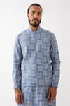 Buy_Son Of A Noble Snob_Blue 100% Linen Printed Floral Bundi And Kurta Set _Online_at_Aza_Fashions