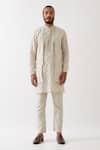 Buy_Son Of A Noble Snob_Ivory 100% Linen Printed Houndstooth Bundi Kurta Set _at_Aza_Fashions