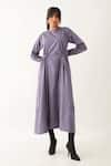 Son of A Noble Snob_Purple Cotton Satin Printed Blocks Dot Round Amore Dress _Online_at_Aza_Fashions