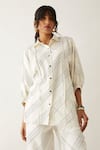 Shop_Son of A Noble Snob_Off White Cotton Satin Printed Carnival Shirt Collar Dana With Trousers _Online_at_Aza_Fashions