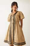 Shop_Son of A Noble Snob_Beige Cotton Satin Printed Domino Shirt Collar Hope Dress _Online_at_Aza_Fashions