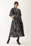 Shop_Son of A Noble Snob_Black Cotton Satin Printed Blocks Notched Joy Dress _Online_at_Aza_Fashions