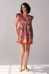 Verb by Pallavi Singhee_Pink Polyester Printed Tropical Plunge V Neck Dress _Online_at_Aza_Fashions