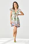 Buy_Verb by Pallavi Singhee_Ivory Polyester Printed Botanical Plunge V Neck Dress _at_Aza_Fashions