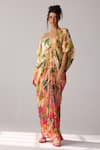 Buy_Verb by Pallavi Singhee_Multi Color Bemberg Satin Printed Tropical Plunge V Neck Ombre Kaftan Dress _at_Aza_Fashions