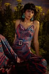 Buy_Nirmooha_Multi Color Muslin Cotton Printed Geometric Cowl Horizon Slit Dress _Online_at_Aza_Fashions