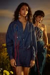 Nirmooha_Blue Denim Embroidered Sequin Mandarin Collar Essence Shirt With Shorts _Online_at_Aza_Fashions