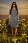 Buy_Nirmooha_Blue Denim Embroidered Applique Blossom Belle Stripe Printed Shirt Dress _at_Aza_Fashions