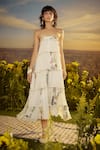 Buy_Nirmooha_White Chiffon Printed Floral Straight Three-tiered Dress _at_Aza_Fashions