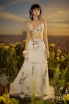 Buy_Nirmooha_White Chiffon Printed Blossom Plunge Bralette With Tiered Skirt _at_Aza_Fashions