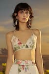 Nirmooha_White Chiffon Printed Blossom Plunge Bralette With Tiered Skirt _Online_at_Aza_Fashions