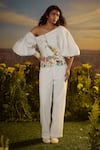 Buy_Nirmooha_White Denim Printed Blossom Asymmetric Elegance One Shoulder Top _at_Aza_Fashions