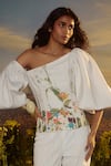 Nirmooha_White Denim Printed Blossom Asymmetric Elegance One Shoulder Top _Online_at_Aza_Fashions