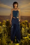 Buy_Nirmooha_Blue Denim Embroidered Applique Sweetheart Floral Corset With Pant _at_Aza_Fashions