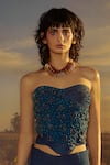 Buy_Nirmooha_Blue Denim Embroidered Applique Sweetheart Floral Corset With Pant _Online_at_Aza_Fashions