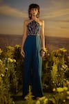 Buy_Nirmooha_Blue Jute Cotton Embroidered Glass Bead Halter Yoke Jumpsuit _at_Aza_Fashions