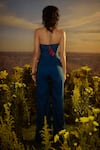 Shop_Nirmooha_Blue Jute Cotton Embroidered Glass Bead Halter Yoke Jumpsuit _at_Aza_Fashions