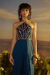 Nirmooha_Blue Jute Cotton Embroidered Glass Bead Halter Yoke Jumpsuit _Online_at_Aza_Fashions