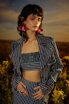 Nirmooha_Blue Denim Printed Stripe Notched Lapel Urban Jacket _Online_at_Aza_Fashions