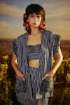 Nirmooha_Blue Denim Embroidered Stripped Open Front Modern Maverick Jacket _Online_at_Aza_Fashions