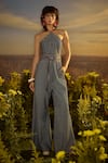 Buy_Nirmooha_Blue Denim Printed Stripped Halter Neck Commanding Couture Jumpsuit _at_Aza_Fashions