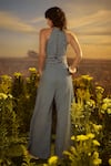 Shop_Nirmooha_Blue Denim Printed Stripped Halter Neck Commanding Couture Jumpsuit _at_Aza_Fashions