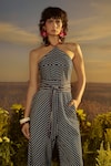 Nirmooha_Blue Denim Printed Stripped Halter Neck Commanding Couture Jumpsuit _Online_at_Aza_Fashions