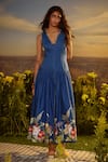 Buy_Nirmooha_Blue Denim Printed Floral Blunt-v Harmonious Duo Dress _at_Aza_Fashions