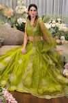 Sozenkari_Green Pure Silk Chanderi Hand Embroidered Aari V Geometric Floral Lehenga Set _Online_at_Aza_Fashions