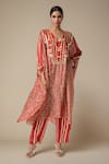 Buy_Gulabo By Abu Sandeep_Red Modal Satin Print Bandhej V Neck Shell Embellished Kaftan Tunic _at_Aza_Fashions