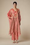 Gulabo By Abu Sandeep_Red Modal Satin Print Bandhej V Neck Shell Embellished Kaftan Tunic _Online_at_Aza_Fashions