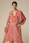 Buy_Gulabo By Abu Sandeep_Red Modal Satin Print Bandhej V Neck Shell Embellished Kaftan Tunic _Online_at_Aza_Fashions