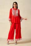 Gulabo By Abu Sandeep_Red Rayon Tassels, Embroidery Collared Geometric Shirt With Pant _Online_at_Aza_Fashions