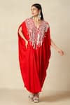 Buy_Gulabo By Abu Sandeep_Red Rayon Embroidery V-neck Geometric Yoke Kaftan _at_Aza_Fashions