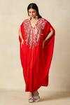 Gulabo By Abu Sandeep_Red Rayon Embroidery V-neck Geometric Yoke Kaftan _Online_at_Aza_Fashions