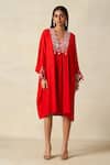 Shop_Gulabo By Abu Sandeep_Red Rayon Embroidered Metallic Applique V-neck Geometric Pleated Kaftan _Online_at_Aza_Fashions