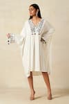 Buy_Gulabo by Abu Sandeep_Off White Rayon Embroidered Metallic Applique V-neck Work Pleated Short Kaftan _at_Aza_Fashions