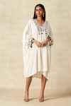 Gulabo by Abu Sandeep_Off White Rayon Embroidered Metallic Applique V-neck Work Pleated Short Kaftan _at_Aza_Fashions